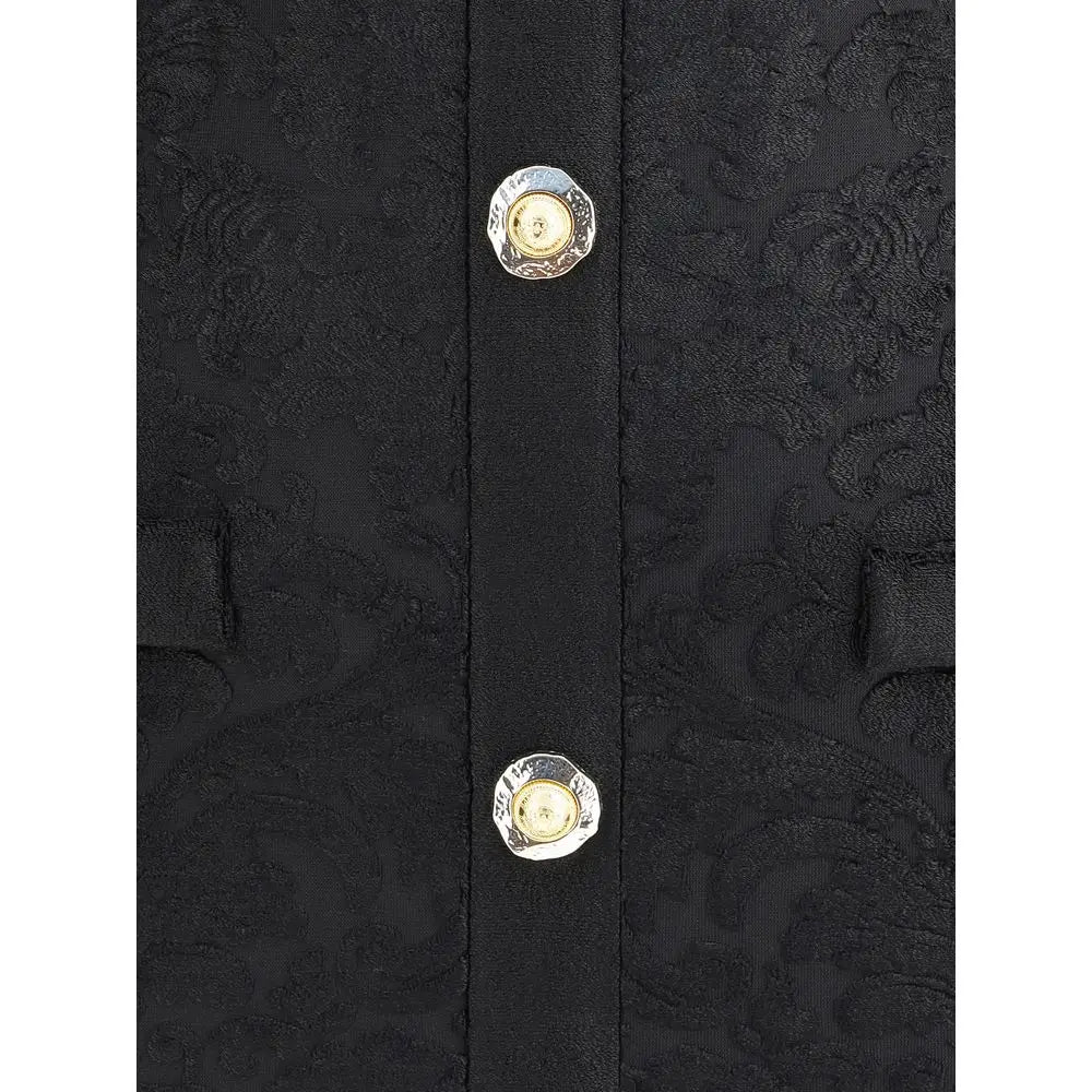 Balmain Baroque short dress med sort tekstureret stof og sølvknapper med guldcentre