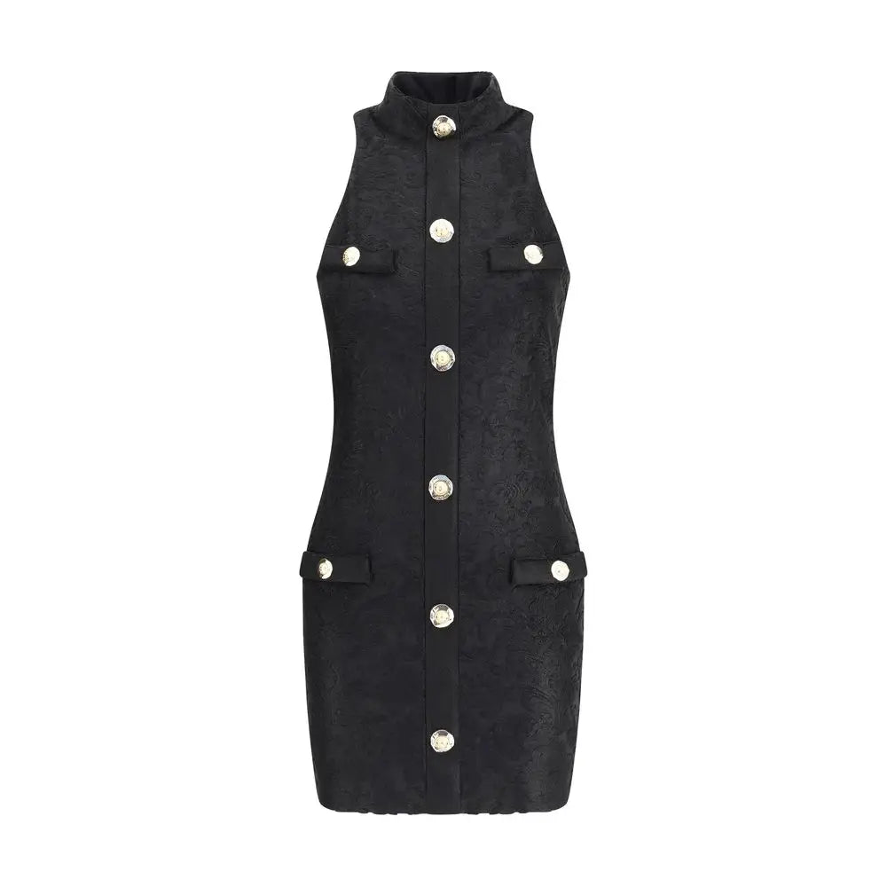 Balmain Baroque short dress: sort sort black tekstureret ærmeløs med sølvknapper og klaffelommer