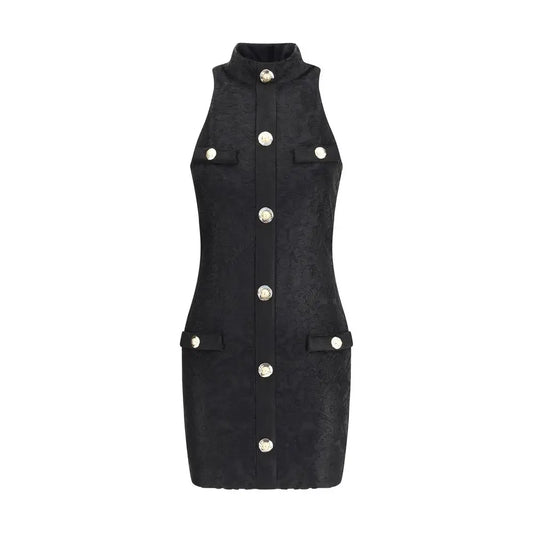 Balmain Baroque short dress: sort sort black tekstureret ærmeløs med sølvknapper og klaffelommer