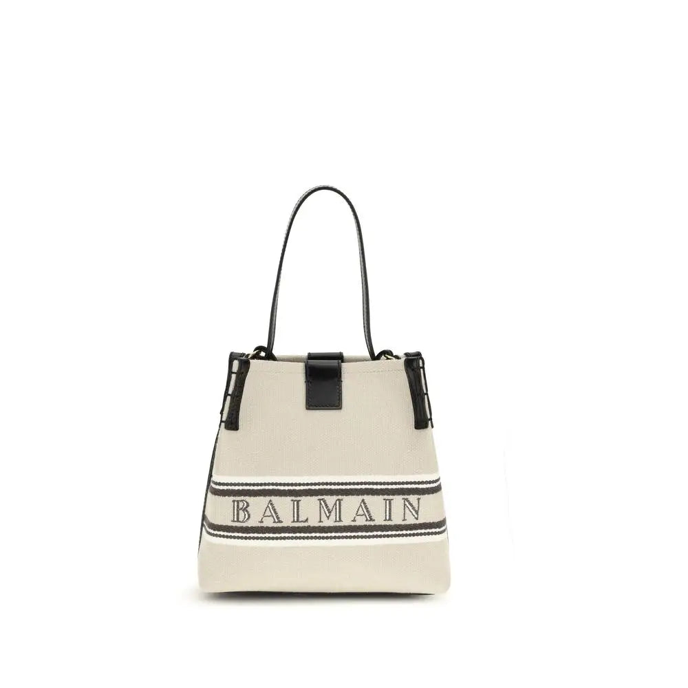 Balmain beige cotton shoulder bag med logo, outlet mærkevarer, spar 30-70%