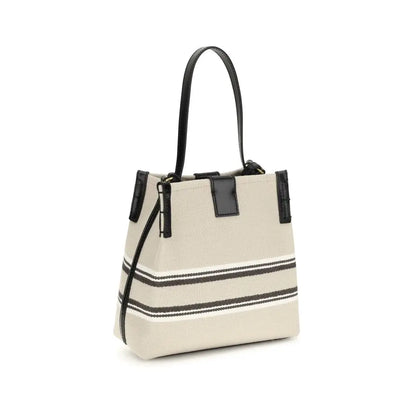 Balmain beige canvas tote bag med sorte læderhåndtag og striber. Spar 30-70% på mærkevarer