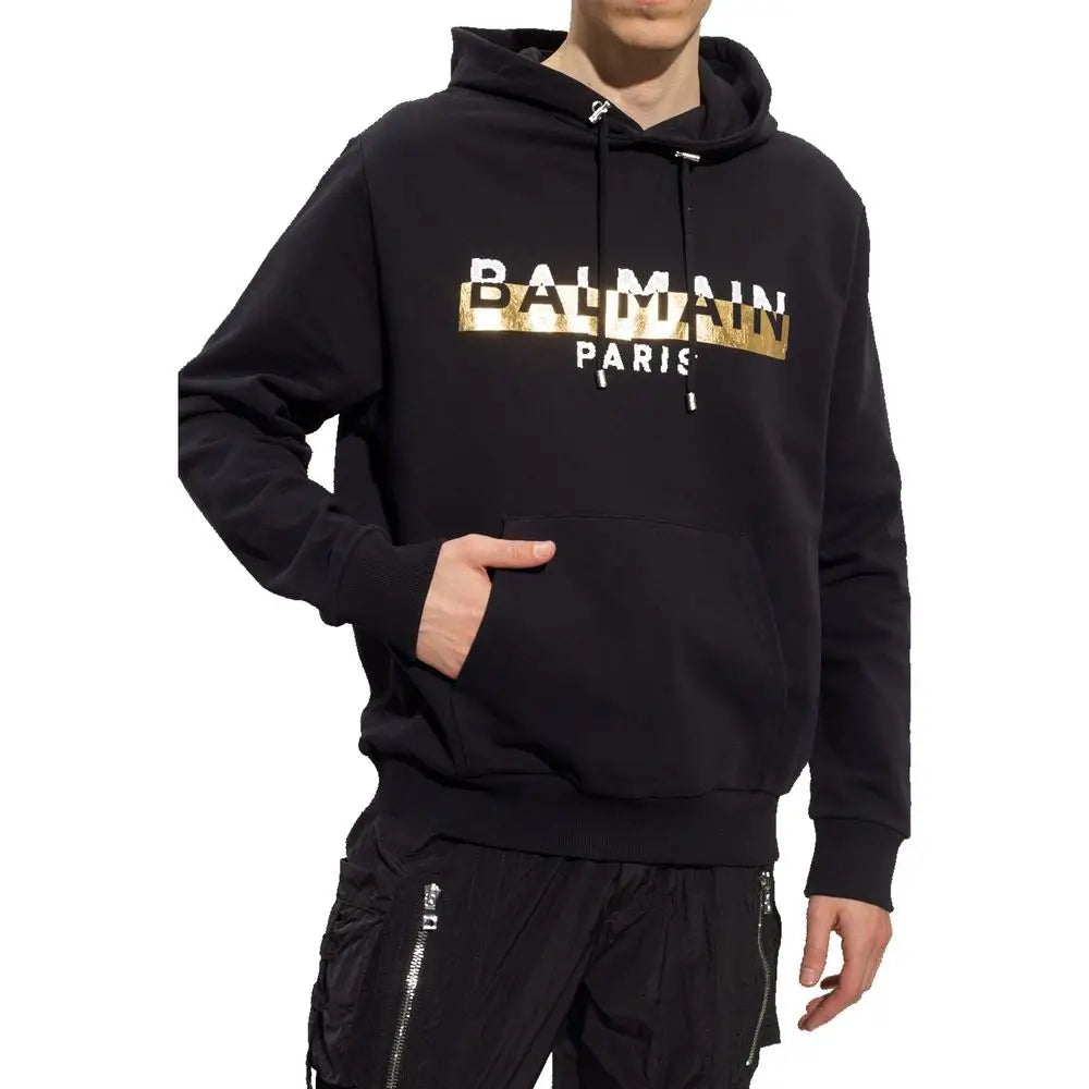 Balmain black cotton sweatshirt med guldfolie-logo på brystet