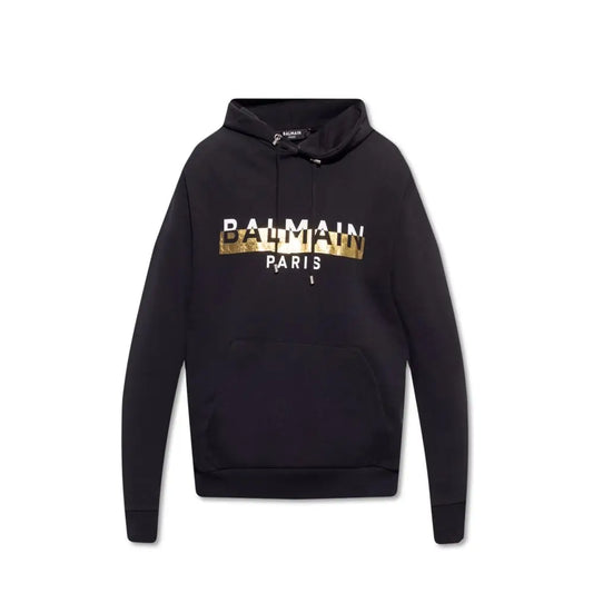 Balmain black cotton sweatshirt med guldfolie-logo på brystet