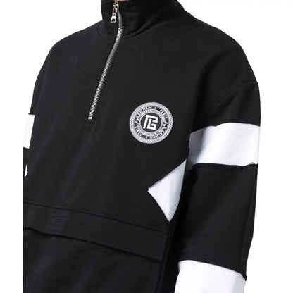Balmain black cotton quarter-zip sweatshirt with embroidered logo