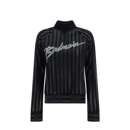 Balmain black elastane sweatshirt med skinnende ribbet tekstur og sølv rhinesten-logo