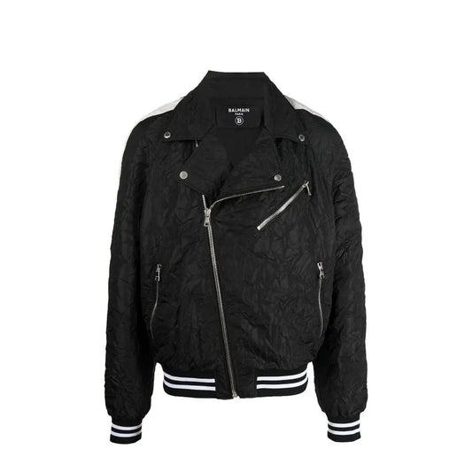 Balmain black polyester bomber jacket med quiltet tekstur, sølv lynlåse og trim