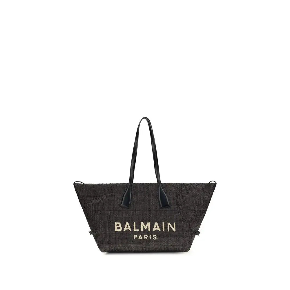 Balmain black raffia shoulder bag med vævet tekstur og sorte læderhåndtag