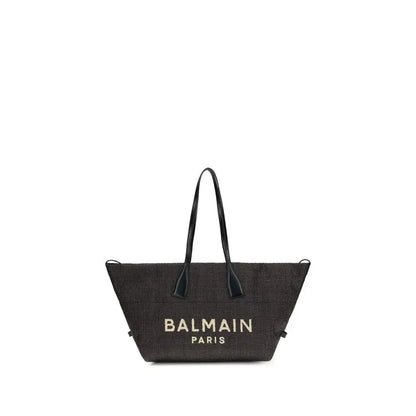 Balmain black raffia shoulder bag med vævet tekstur og sorte læderhåndtag