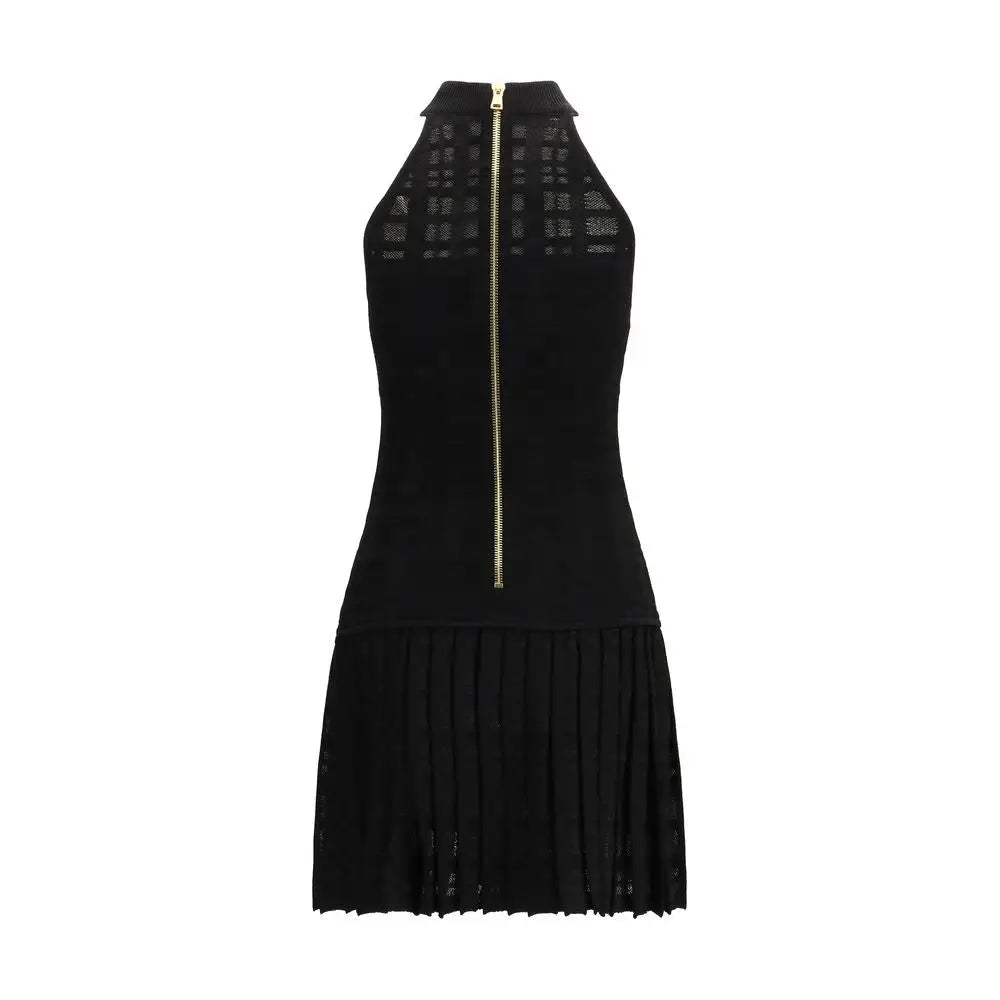 Balmain black viscose casual dress med høj hals, lace-up ryg og plisseret kant