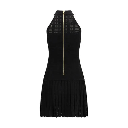 Balmain black viscose casual dress med høj hals, lace-up ryg og plisseret kant