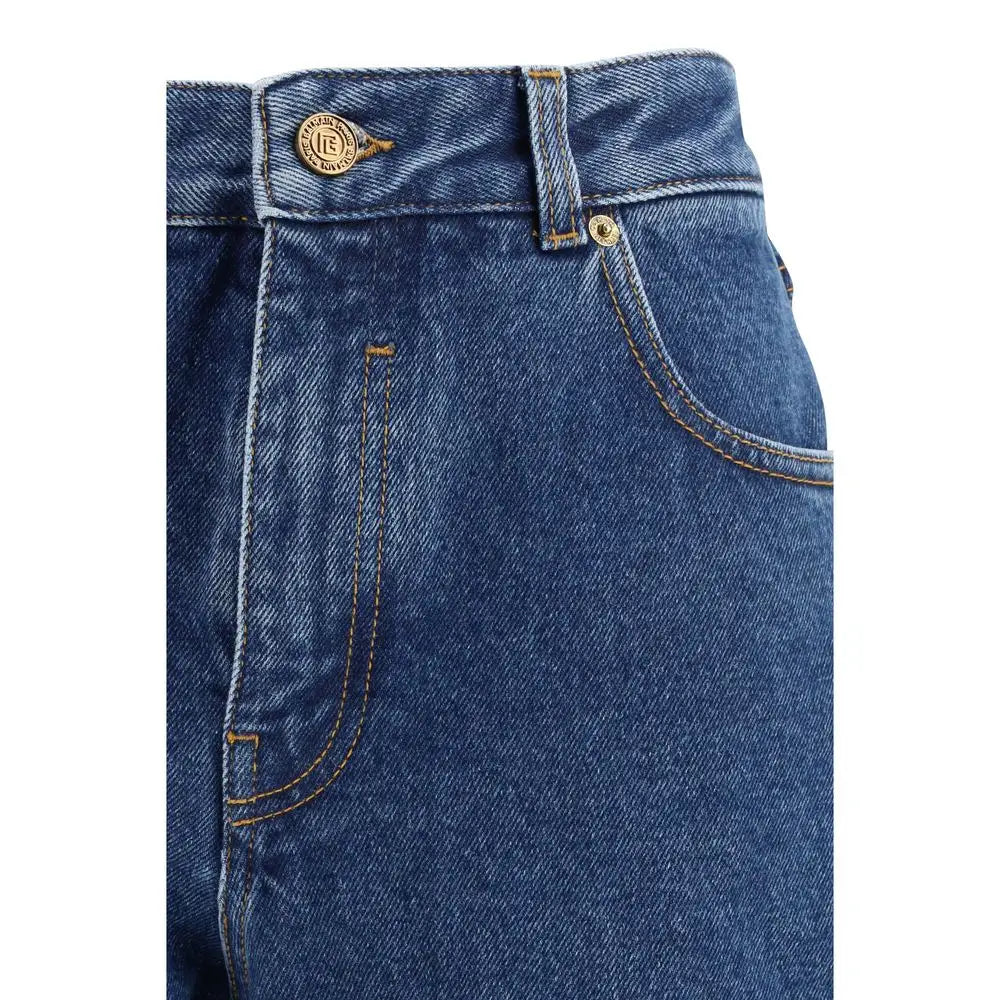Balmain blue cotton straight-leg jeans with gold buttons and stitching