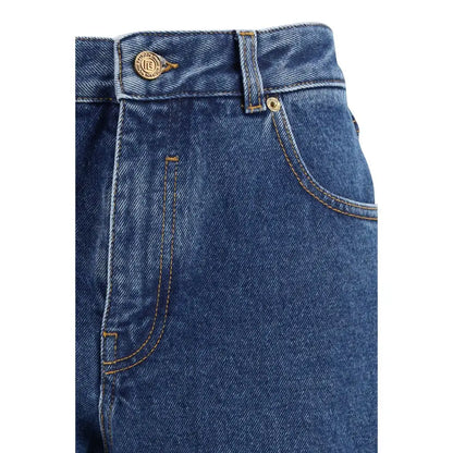 Balmain blue cotton straight-leg jeans with gold buttons and stitching