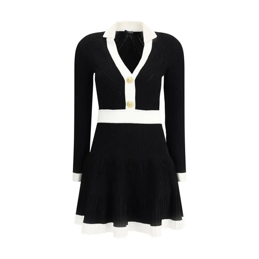 Balmain knit short dress i sort hvid ribbet strik med krave og guldknapper