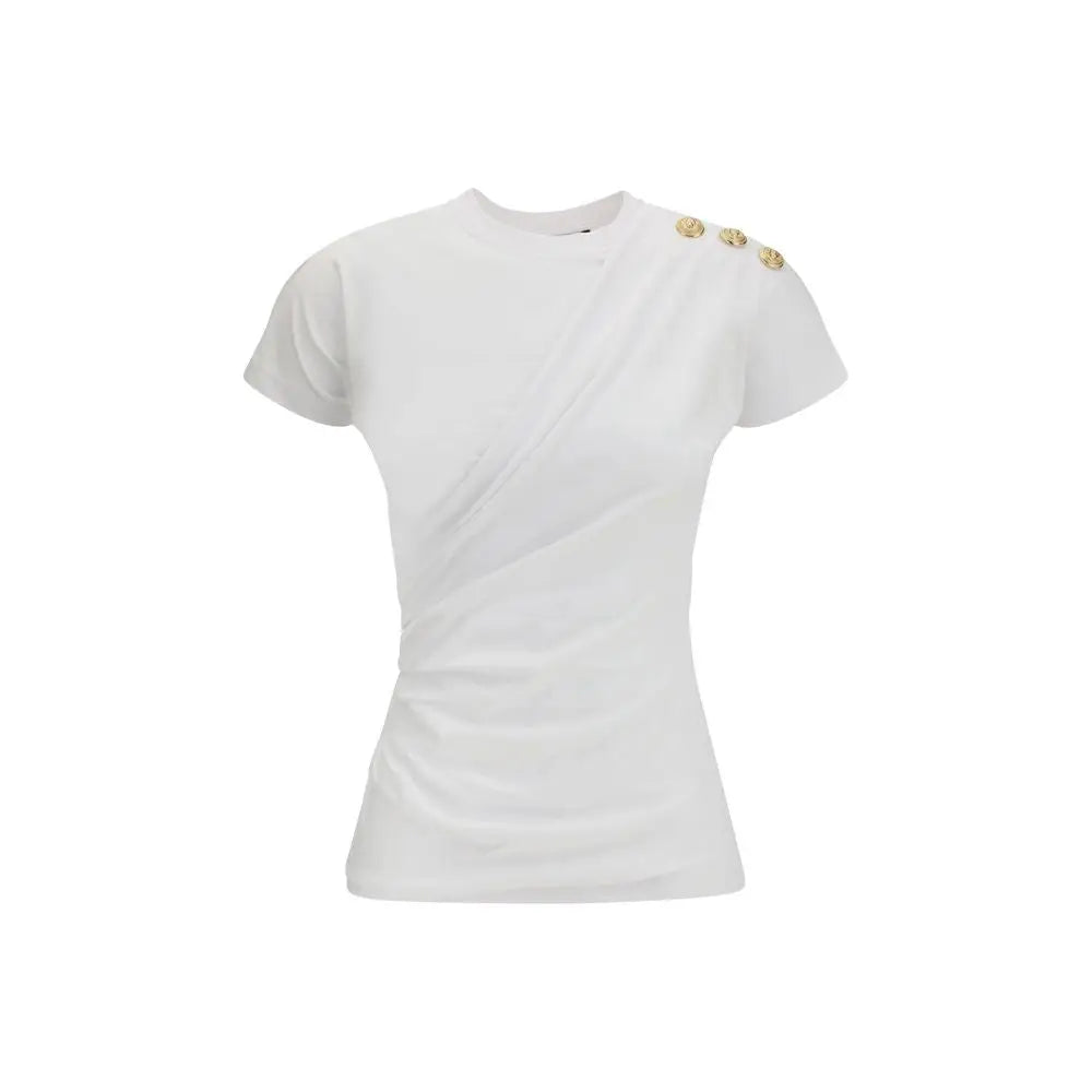 Balmain hvid bomuld T-shirt med guldknapper på skulderen, 100% originale brands