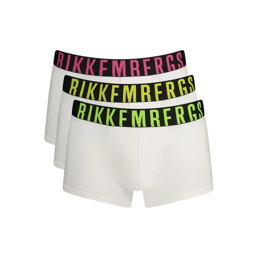 Trepack hvide Bikkembergs fluorescent polyester boxer shorts med farverige elastikker i pink, gul og neon grøn