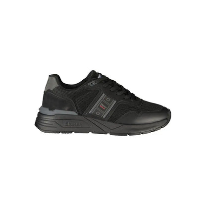 Blauer black polyester sneakers med mesh og geometrisk panel