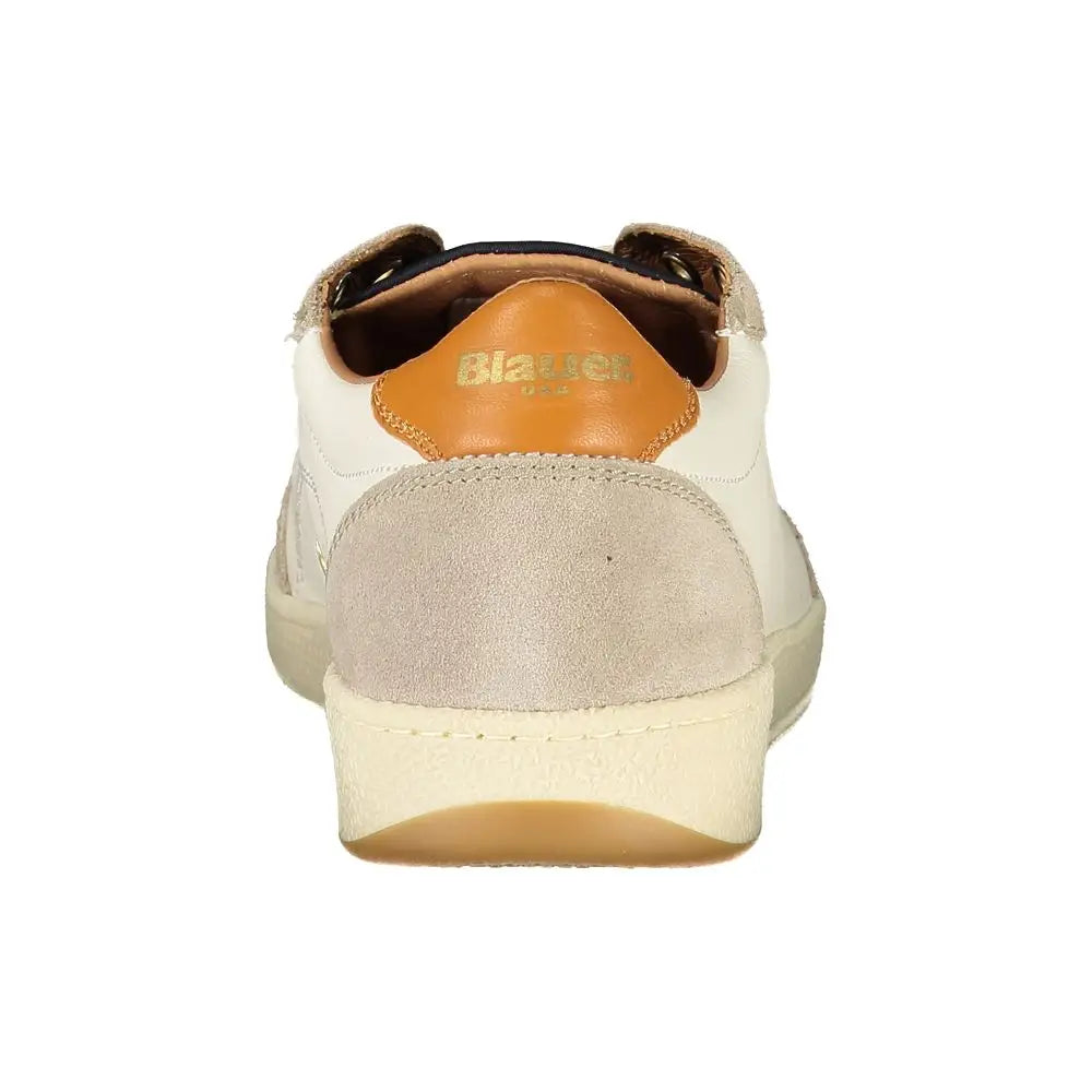 Blauer white leather sneaker in white and beige suede with gold brand name