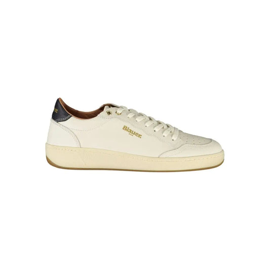 Blauer white leather women sneakers in cream with navy heel tab and gold branding