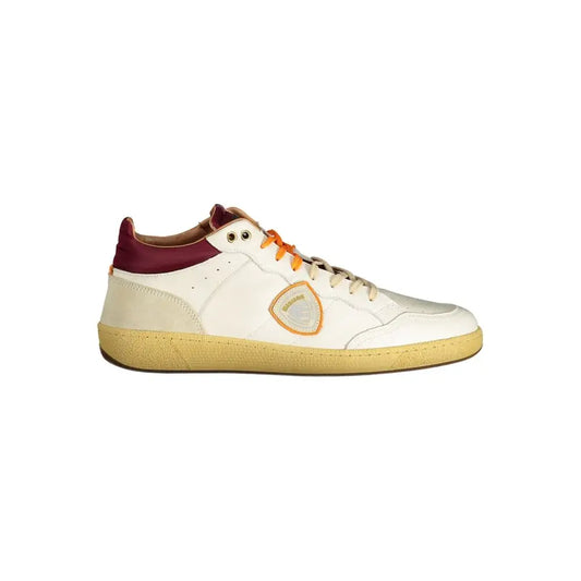 Hvide polyester sneakers med hvidt læder, maroon krave og orange snører