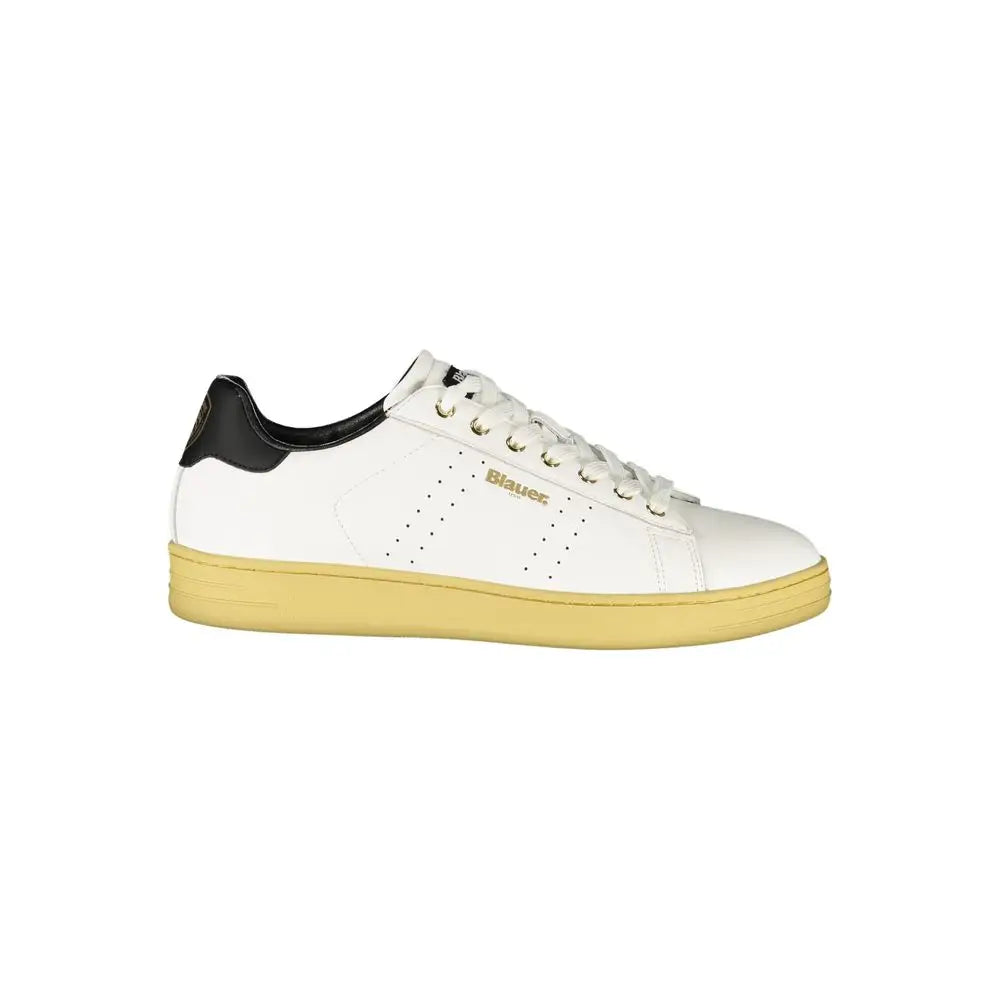 Blauer white polyurethane sneaker med gul gummisål og guld branding