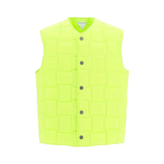Bottega Veneta bicolor sleveless jacket i neon gul med vævet tekstur og grå knapper
