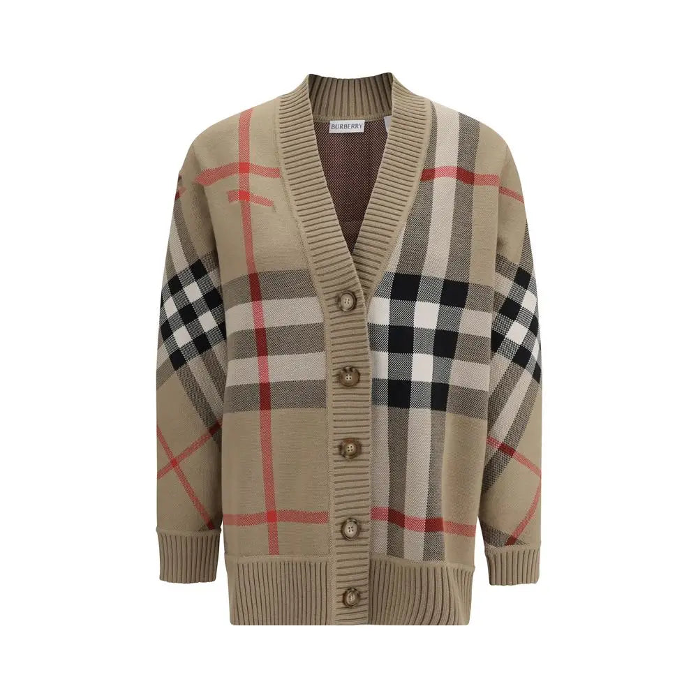 Burberry beige polyester cardigan med klassisk check mønster i beige, sort, hvid og rød