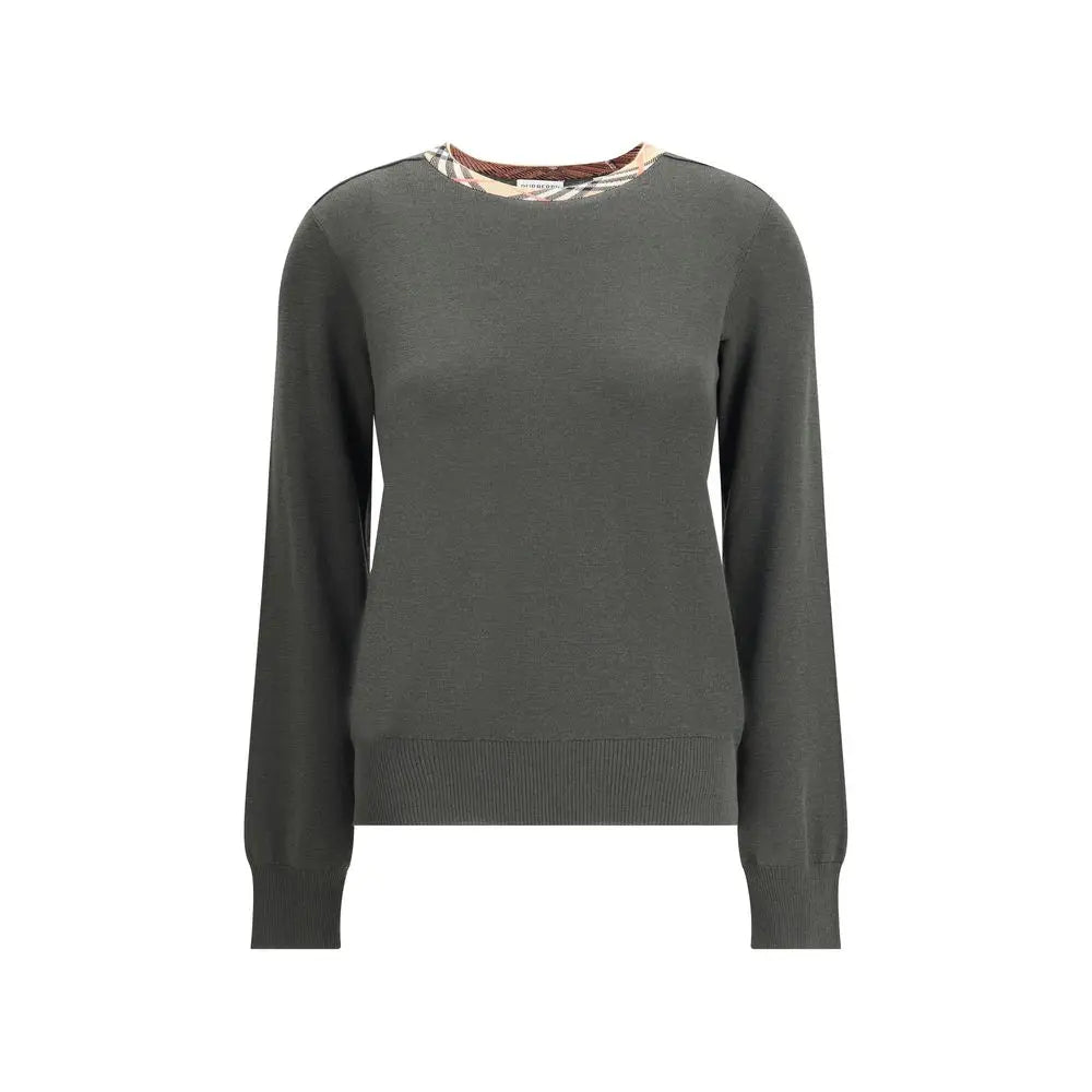 Burberry bicolor cotton sweatshirt i mørkeolivengrøn strik med mønstret krave og ribbet manchetter