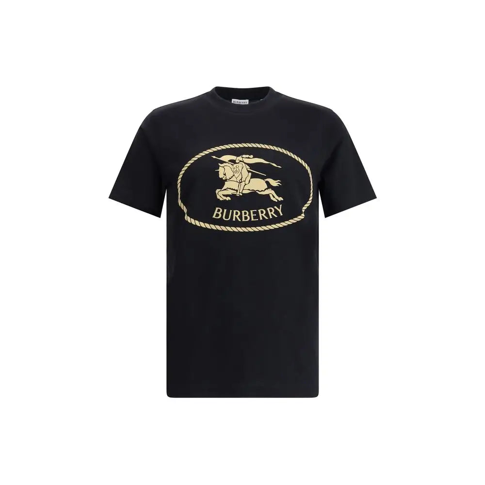 Burberry black cotton t-shirt med guldbroderet hest og rytter i oval rebkant