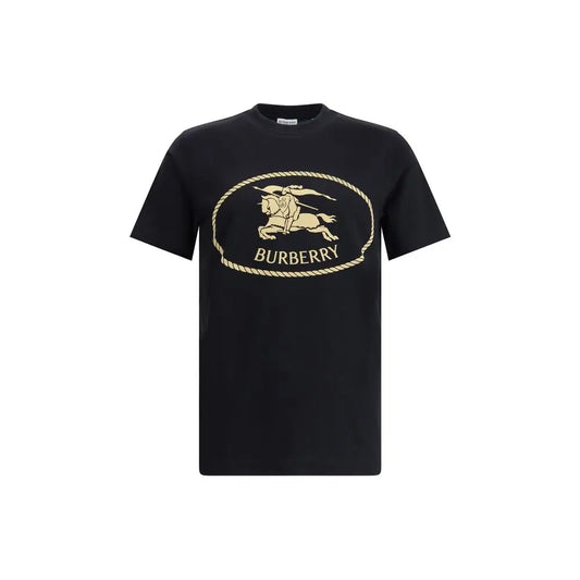 Burberry black cotton t-shirt med guldbroderet hest og rytter i oval rebkant