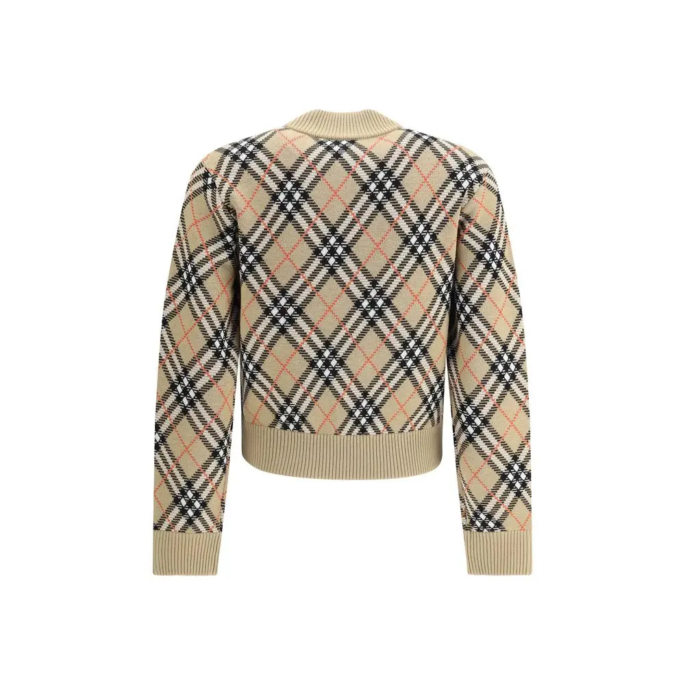 Burberry check cardigan i beige, sort og rød tern med ribkant