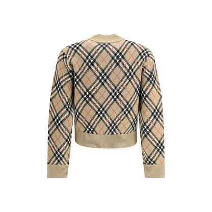 Burberry check cardigan i beige, sort og rød tern med ribkant