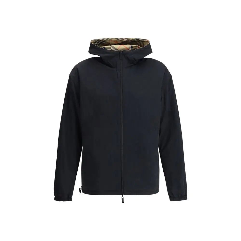 Burberry multicolor polyester coat med sort hætte og mønstret for