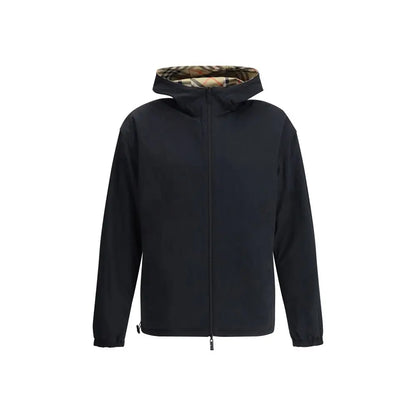 Burberry multicolor polyester coat med sort hætte og mønstret for