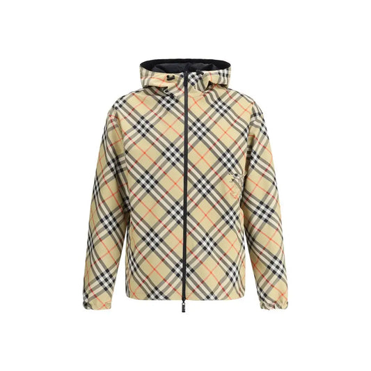 Burberry multicolor polyester coat med beige, sort og rød ternet hættejakke