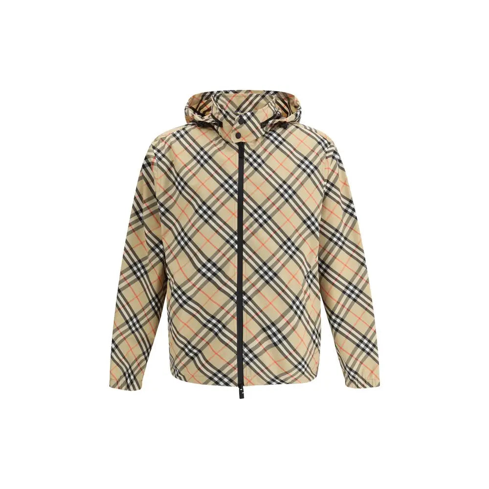 Burberry multicolor plaid jakke i beige, sort og rød med hætte