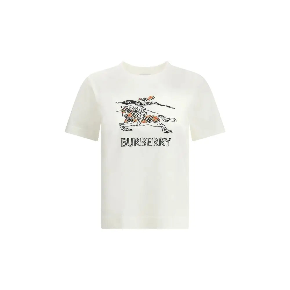 Burberry hvid bomuldst-shirt med hest-motiv og orange plaid, outlet mærkevarer