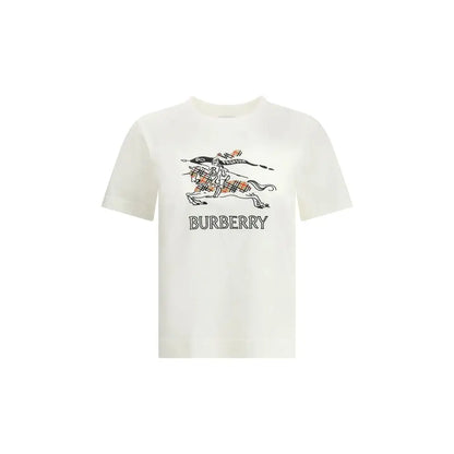 Burberry hvid bomuldst-shirt med hest-motiv og orange plaid, outlet mærkevarer