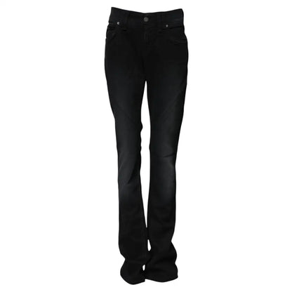 John Galliano black cotton mid waist tapered denim jeans med lige ben og fade på lårene