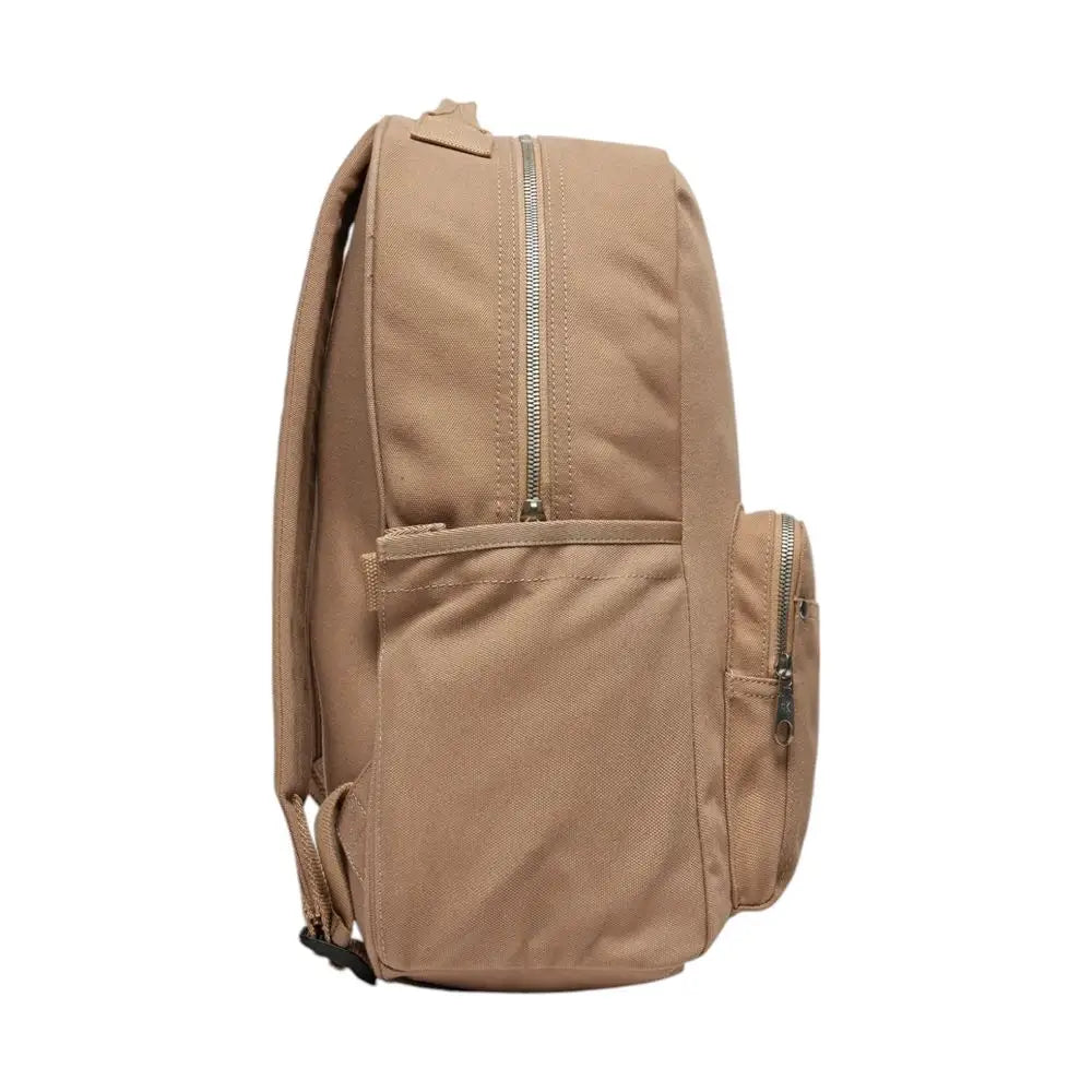 Calvin Klein beige recycled polyester backpack with tan canvas, silver zippers and front pocket