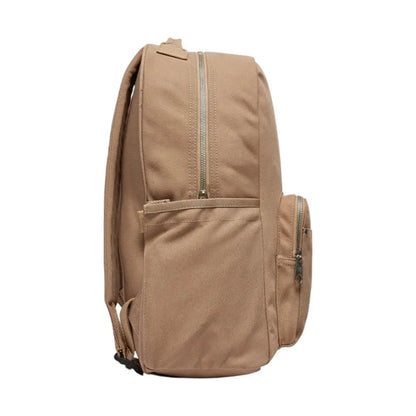 Calvin Klein beige recycled polyester backpack with tan canvas, silver zippers and front pocket