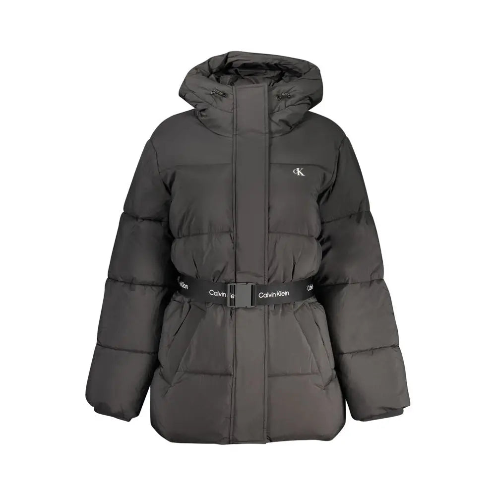 Calvin Klein sort grå dunjakke med hætte, quiltet design og sort Calvin Klein-mærke