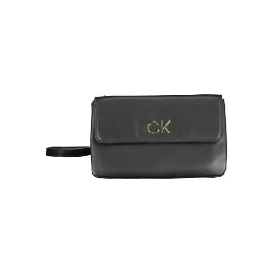 Calvin Klein black polyester håndtaske med sort læder armbånd og guld CK-logo