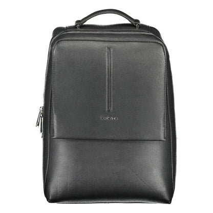 Calvin Klein black polyester backpack with textured leather top handle and front zipper pocket