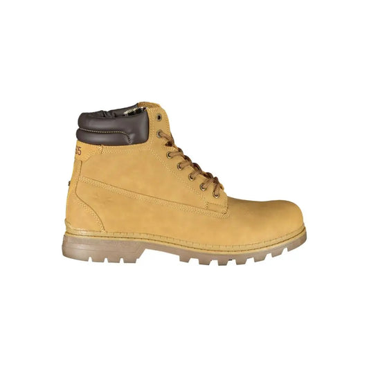 Tan suede high-top Carrera vibrant yellow fashion boots with brown laces and black padded collar