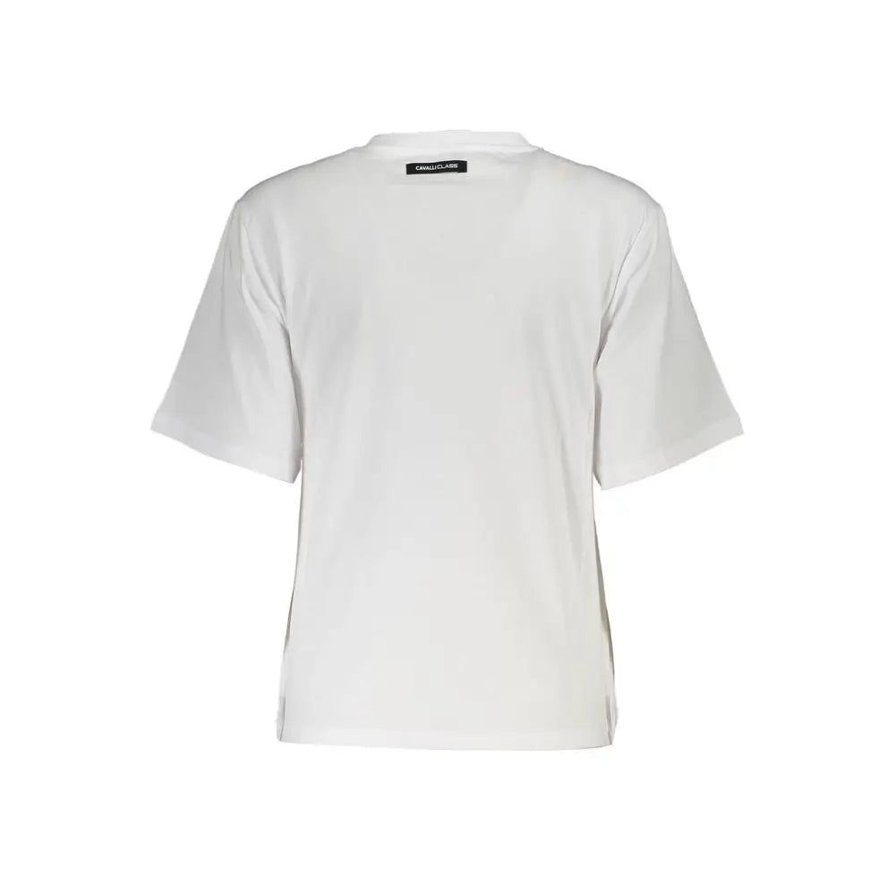 Cavalli Class Bianco cotton women’s t-shirt with minimalist design and side slits