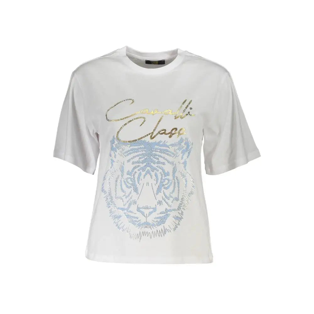 Cavalli Class Bianco cotton t-shirt with tiger graphic