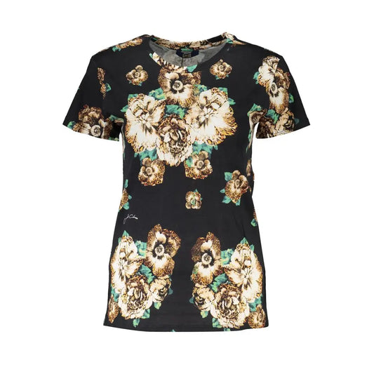 Cavalli Class sort kortærmet t-shirt med blomstermønster i creme, guld og teal