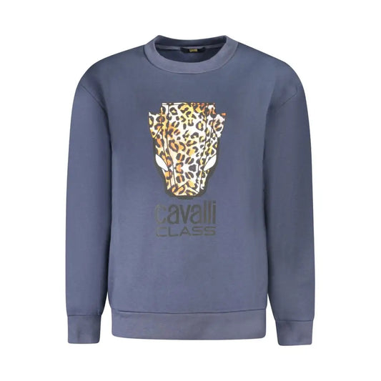 Cavalli class blue cotton sweater with navy blue fabric and bold leopard print graphic
