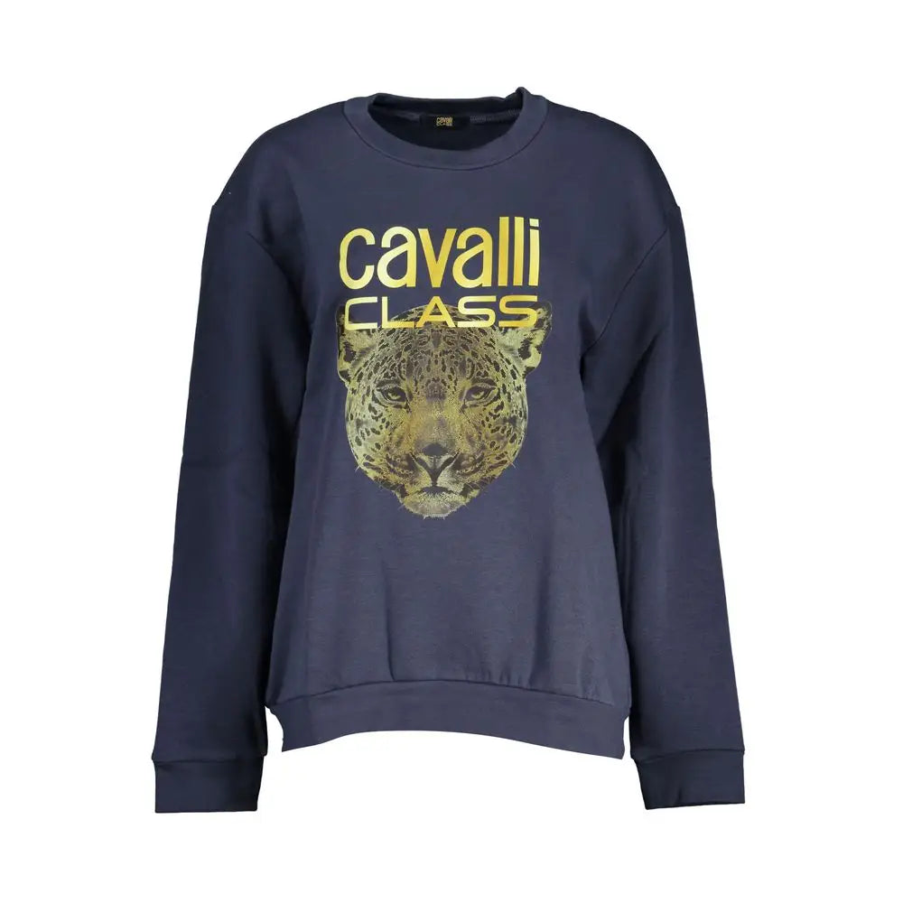 Cavalli Class elegant blue fleece crew neck sweatshirt with gold foil leopard head and yellow lettering