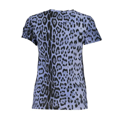 Kvindelig kortærmet t-shirt fra Cavalli Class Light Blue med sort og lavendel leopardprint